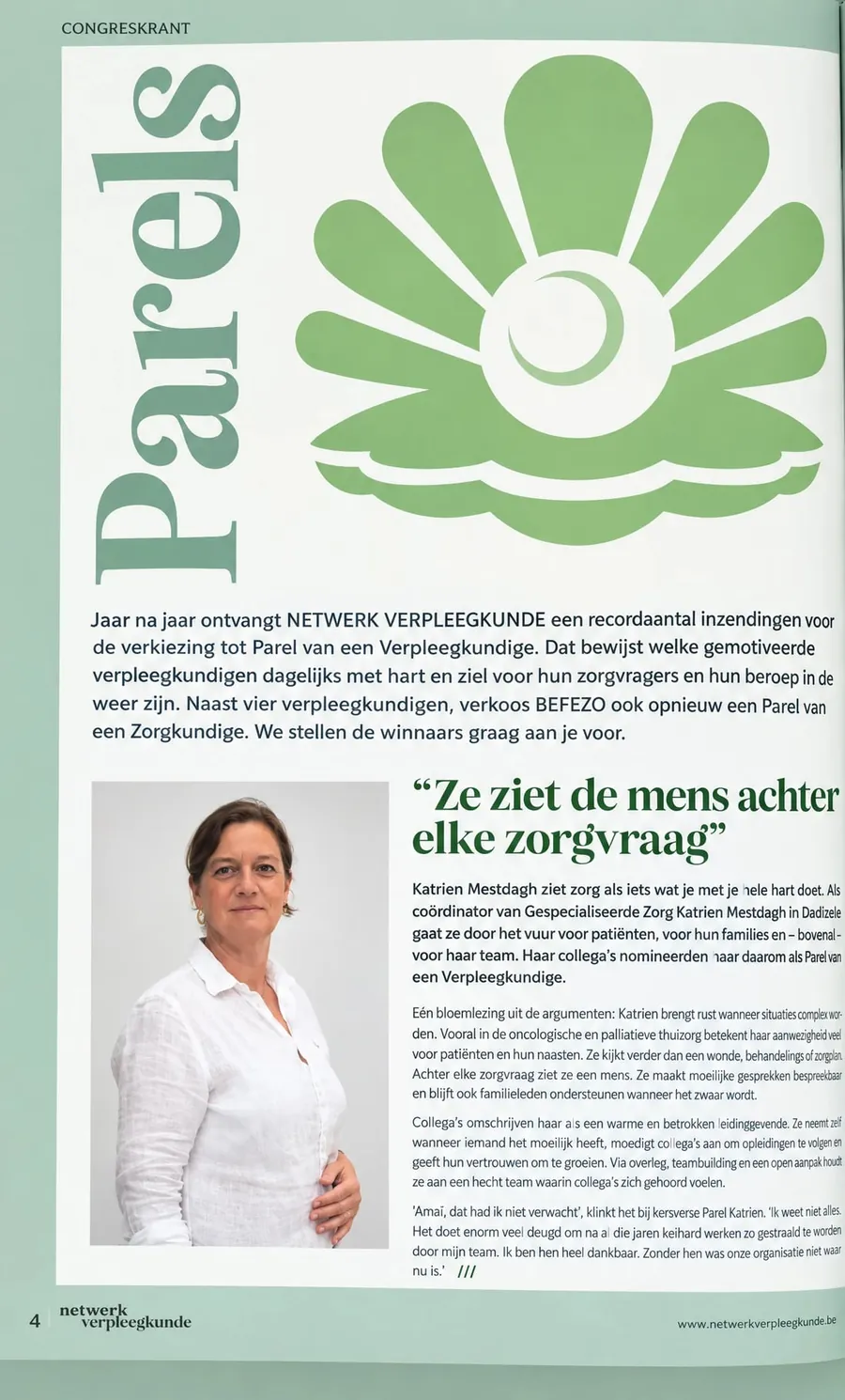 Pagina uit de congreskrant met het artikel over Katrien Mestdagh: “Ze ziet de mens achter elke zorgvraag”
